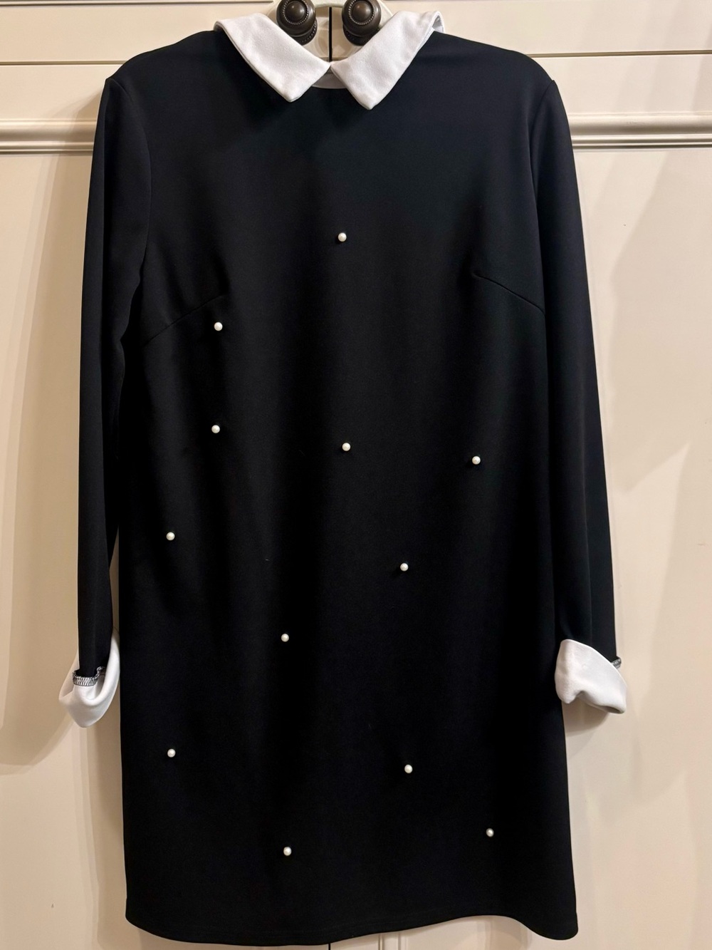 SHEIN Black Long-Sleeve Dress with White Collar and Pearl Accents